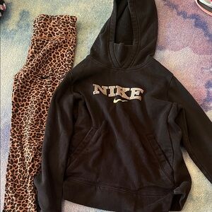 Girls Nike Black Hoodie with Leopard Print Leggings